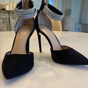 JLO Nina Black Suede Stiletto Pumps with Crystal Ankle Strap 8.5